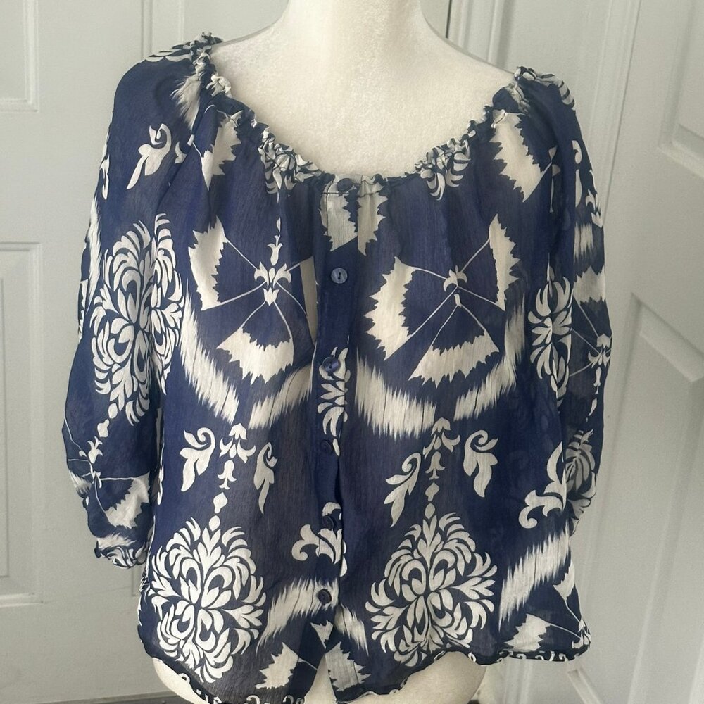 CeCe Navy White Off Shoulder Boho Blouse XL Balloon Sleeve Peasant Top